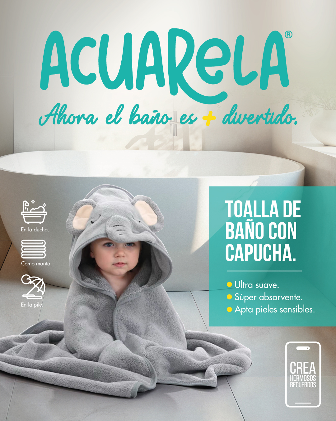 TOALLA CON CAPUCHA ELEFANTE GRIS